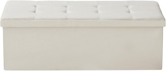 VEVOR Foldable Storage Ottoman Bench, End of Bed Bench with Side Bags, Folding Upholstered Storage Chest Supports 660 lbs, Linen Bed Ottoman with Large Space for Living Room, Bedroom, Entryway, Beige