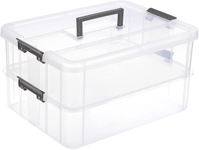 JUXYES 2-Tiers Plastic Stack Carry Storage Containers Box wih Handle Lids | Clear Stackable Latching Craft Storage Bin for School Office, Organizing Stationery, Sewing, Art Craft, DIY Supplies, Gray