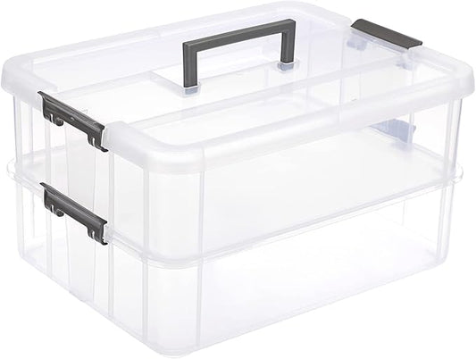 JUXYES 2-Tiers Plastic Stack Carry Storage Containers Box wih Handle Lids | Clear Stackable Latching Craft Storage Bin for School Office, Organizing Stationery, Sewing, Art Craft, DIY Supplies, Gray