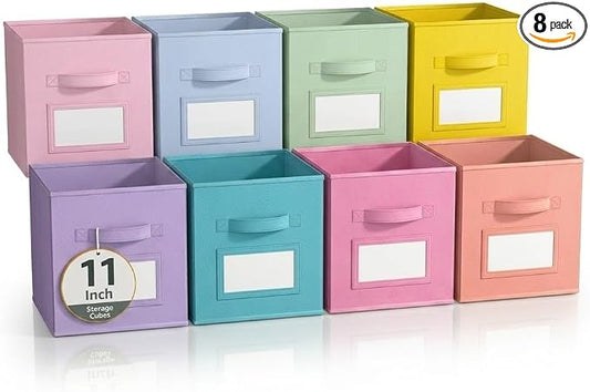 SUREMAX 11 Inch Cube Storage Bin with Label Window,8 Pack 8-Color Collapsible Storage Bins for Closet Organizers and Storage, Fabric Foldable Storage Cubes for Kids Room & Shelves