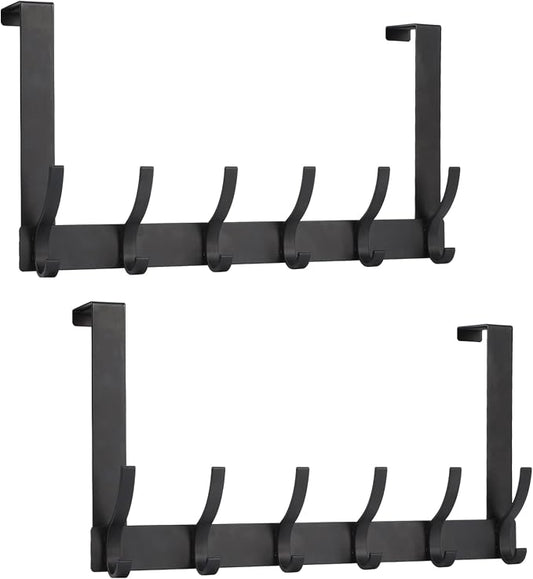 Optish Over The Door Hooks, Door Hanger Hooks for Hanging, Over The Doors Towel Racks for Bathroom with 12 Coat Hook, Coat Rack Bathroom Accessories（2 Pack, Black）