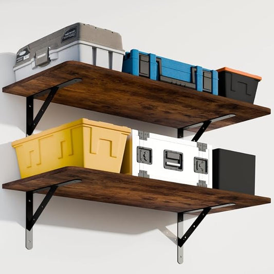 Dogsky 2-Pack Garage Storage Shelving Wall Mounted, 4x2Ft (48x24In) Heavy Duty Wood Floating Wall Shelf, 500lbs Capacity Shelves for Garage, Closets, Utility Rooms and Kitchens, Burn Yellow