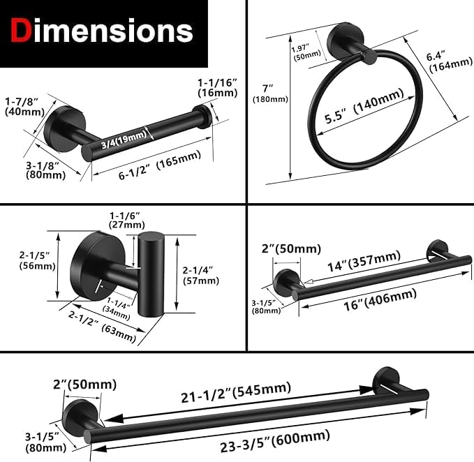 12 Pieces Matte Black Bathroom Hardware Accessories Set Hand Towel Ring 16&23.6 inch Round Towel Bar Toilet Paper Holder Towel Hooks 4 Pieces SUS 304 Stainless Steel,Heavy Duty,Wall Mounted