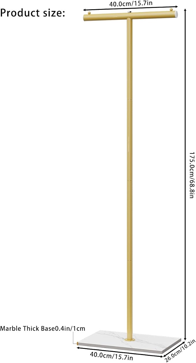 OUTBROS Freestanding Coat Rack, 68.9" High Small Clothes Rack, Gold | Coat Tree with Rock Base, T Shaped Coat Hanger Stand Suitable for Bedroom, Hallway, Entrance