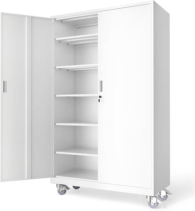 VINGLI Large Metal Storage Cabinet with 2 Doors and 5 Adjustable Shelves, Upgraded Height & Wide & Deep, 40''W x 20''D x 72''H, Oversized Garage Storage Cabinet with Wheels and Locks (White)