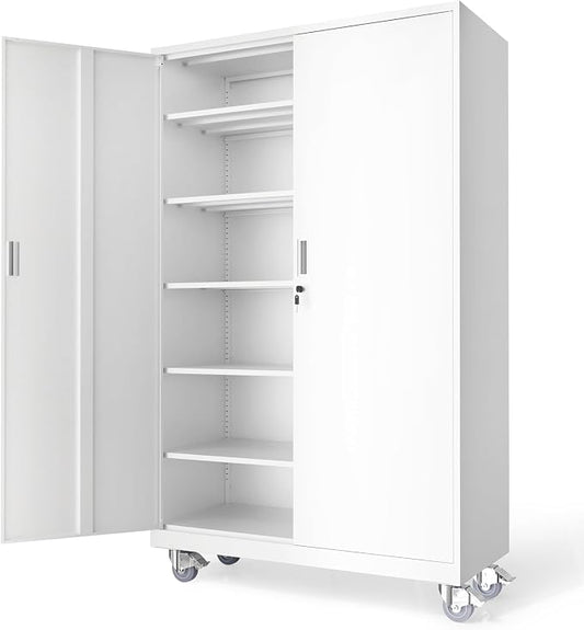 VINGLI Large Metal Storage Cabinet with 2 Doors and 5 Adjustable Shelves, Upgraded Height & Wide & Deep, 40''W x 20''D x 72''H, Oversized Garage Storage Cabinet with Wheels and Locks (White)