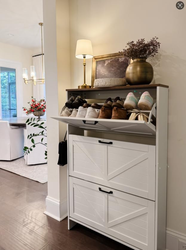 Nicetree Shoe Cabinet, 3 Flip Drawers & Adjustable Shelves, Ultra Slim Freestanding (9.1” Deep), Holds 30 Pairs, Narrow Shoe Storage Cabinet with Anti-Tip Safety, Modern Farmhouse White Walnut