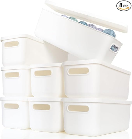 Yishyfier Plastic Storage Baskets With Lid Organizing Container Lidded Knit White Storage Organizer Bins for Shelves Drawers Desktop Playroom Classroom Office (8XS)
