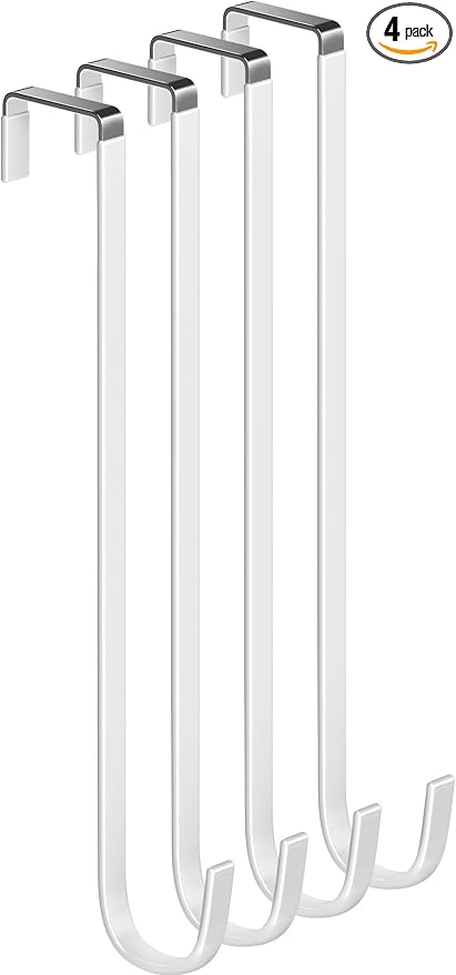 Single Long Over Door Steel Hooks 4 Pack Fit 1-3/8" Door 12" White | Plastic Coated Rubber Feel Towel Rack Robe Coat Shoe Wreath Hanger No Damage No Scratch for Bathroom Heavy Duty Thin Top