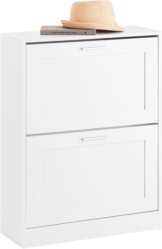 Hestiamo Entryway Flip Drawer Shoe Storage Cabinet, Narrow Size, White | 2-Tier Flip Drawer Shoe Cabinet With Dividers, Slim Freestanding Shoe Rack For Small Entryways, HUS-FSR137