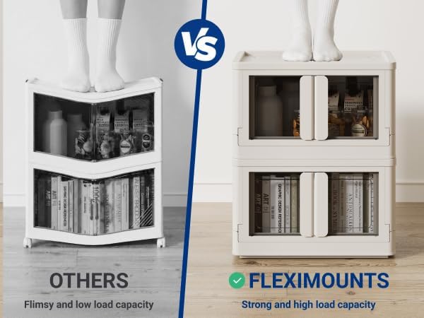 FLEXIMOUNTS 110 QT Stackable Plastic Storage Bins With Lids, Milky White | Collapsible Foldable Storage Bins with Front Doors and Built-in Wheels, Organizers and Storage for Home, Dorm, 3 Pack Cubes