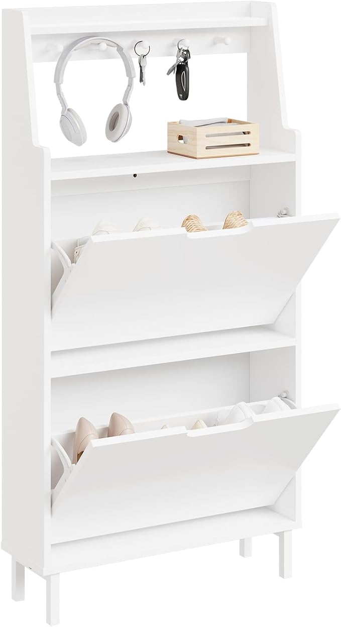 HHaotian Flip-Drawer Shoe Cabinet with Two Drawers & Open Shelves | Slim Hidden Shoe Rack Cabinet with Hook for Entryway, FSR221-W