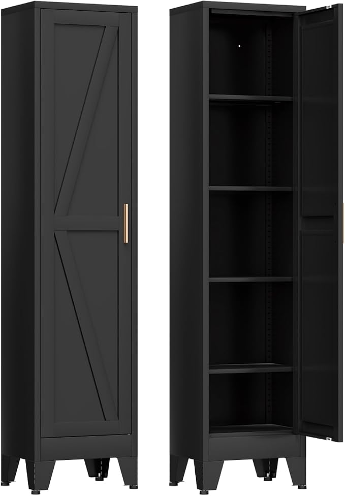 COFaR 67'' Tall Narrow Bathroom Storage Cabinet, Metal Farmhouse Skinny Pantry Cabinet with 4 Adjustable Shelves and One Door, Slim Cabinet Storage for Kitchen Garage, 5-Tier Black