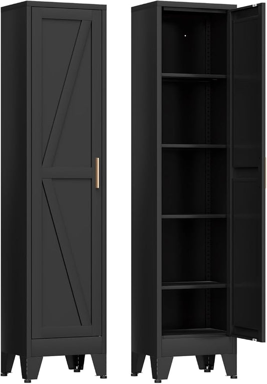 COFaR 67'' Tall Narrow Bathroom Storage Cabinet, Metal Farmhouse Skinny Pantry Cabinet with 4 Adjustable Shelves and One Door, Slim Cabinet Storage for Kitchen Garage, 5-Tier Black