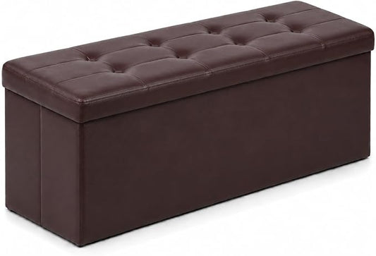 ALASDO 43 Inch Folding Storage Ottoman Bench with Hidden Storage, PU Leather Ottoman Foot Rest Stool, End of Bed Bench for Bedroom, Living Room, Entryway and Closet, Brown