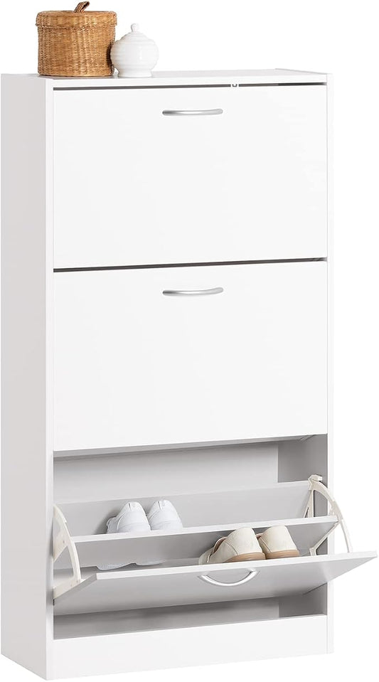 Haotian White Shoe Cabinet Entryway | Freestanding Shoe Rack with 3 Flip Drawers, Shoe Storage Cupboard Organizer for Entrance Hallway, FSR110-W