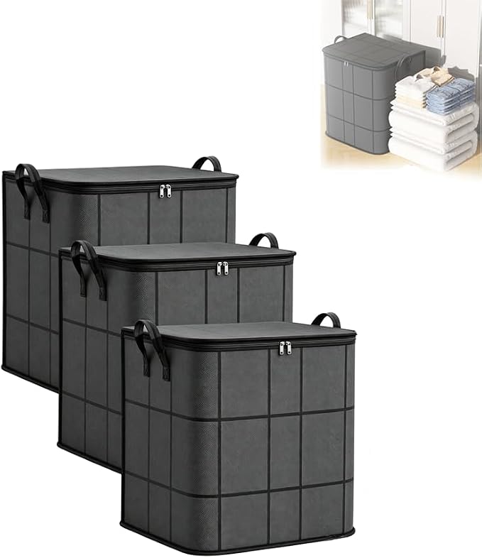 Spacious Moving Storage Bin – Zippered Organizer for Quilts, Large Fabric Storage Bag with Carry Handles for Bedding, Comforters, Blankets, Winter Clothes, Closet & Moving (3PCS)