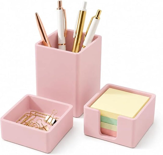minimaliving Aesthetic Silicone Desk Organizer Set of 3,Modern Office Desk Accessories with Pen Holder,Paperclip Tray,Sticky Note Holder,Stylish Functional Office Desk Decor for Back-to-school(Pink)