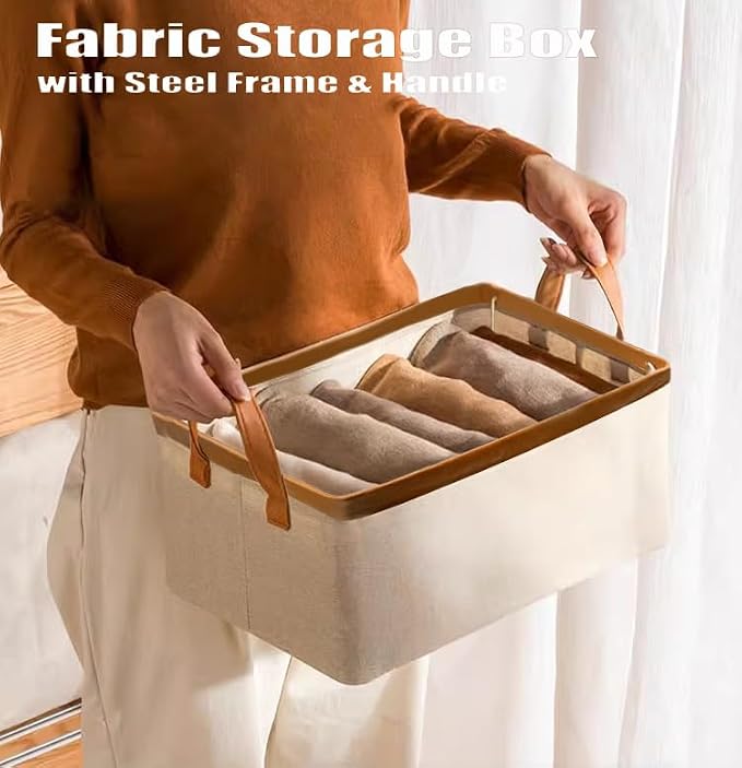 AARAINBOW 4 Pcs Closet Clothes Organizer with Handle, Fabric Storage Bins with Metal Frame Closet Shelf Storage Baskets Foldable Wardrobe Storage Box for Sweater Jeans, 20L (4 White)