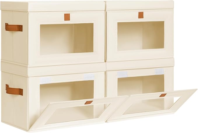 DIMJ Storage Bins with Lids - 4 Pack Front Opening Stackable Fabric Storage Boxes with Clear Window & Handles, Collapsible Closet Organizers for Clothes, Sweaters, Shelf Storage, Bedroom, Beige