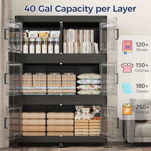 160GAL Extra Large Storage Bins with Lid, 640Qt Stackable Closet Organizers and Drawers, Collapsible Storage Bins with Wheels, Folding Containers for Home, Kitchen Office, 4Pack Black
