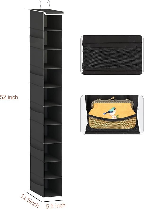 Libeder 10-Shelf Hanging Shoe Organizers with Side Pockets, Black | Hanging Closet Organizer with Side Pockets for Wardrode,Dorm, Folding Shoe Racks, Space Saving Hanging Shelves with Hooks