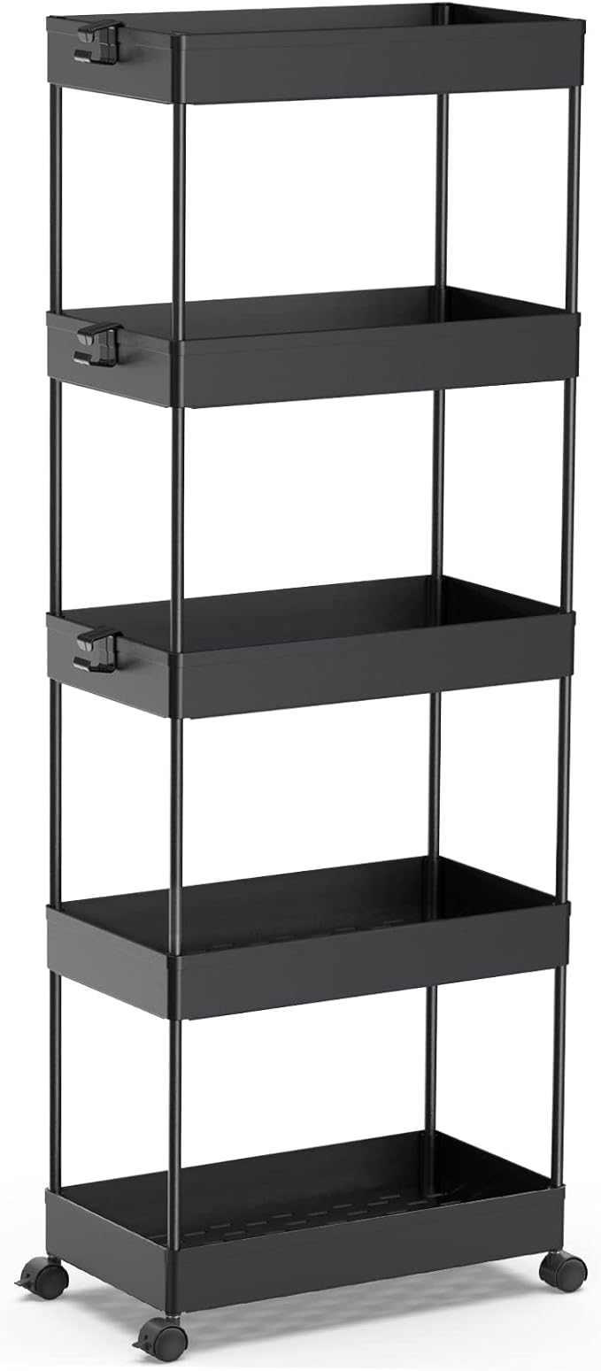 SPACEKEEPER 5 Tier Storage Rolling Cart, Bathroom Cart with Wheels, Black | Mobile Storage Cart for Laundry Room Organization,Kitchen,Office,Bathroom, Utility Cart for Snack,Craft,Art,Makeup,Nail,Toys