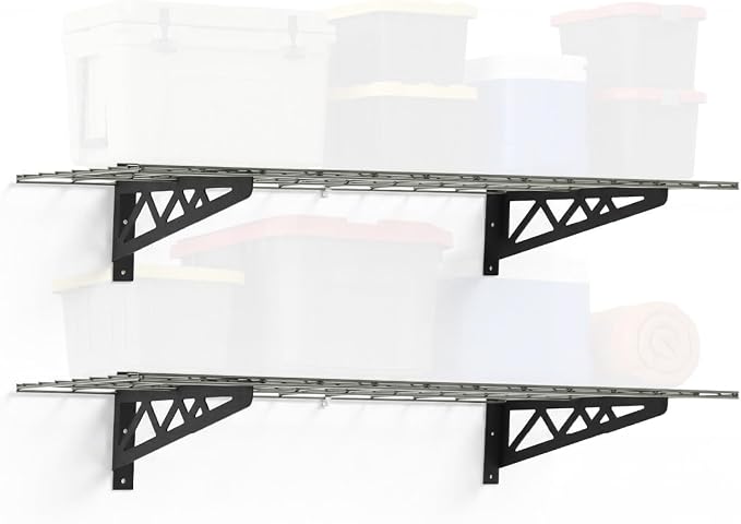 SafeRacks Steel Garage Wall Shelves 2-Pk w/Hooks, 500lb, Hammertone (18x48)