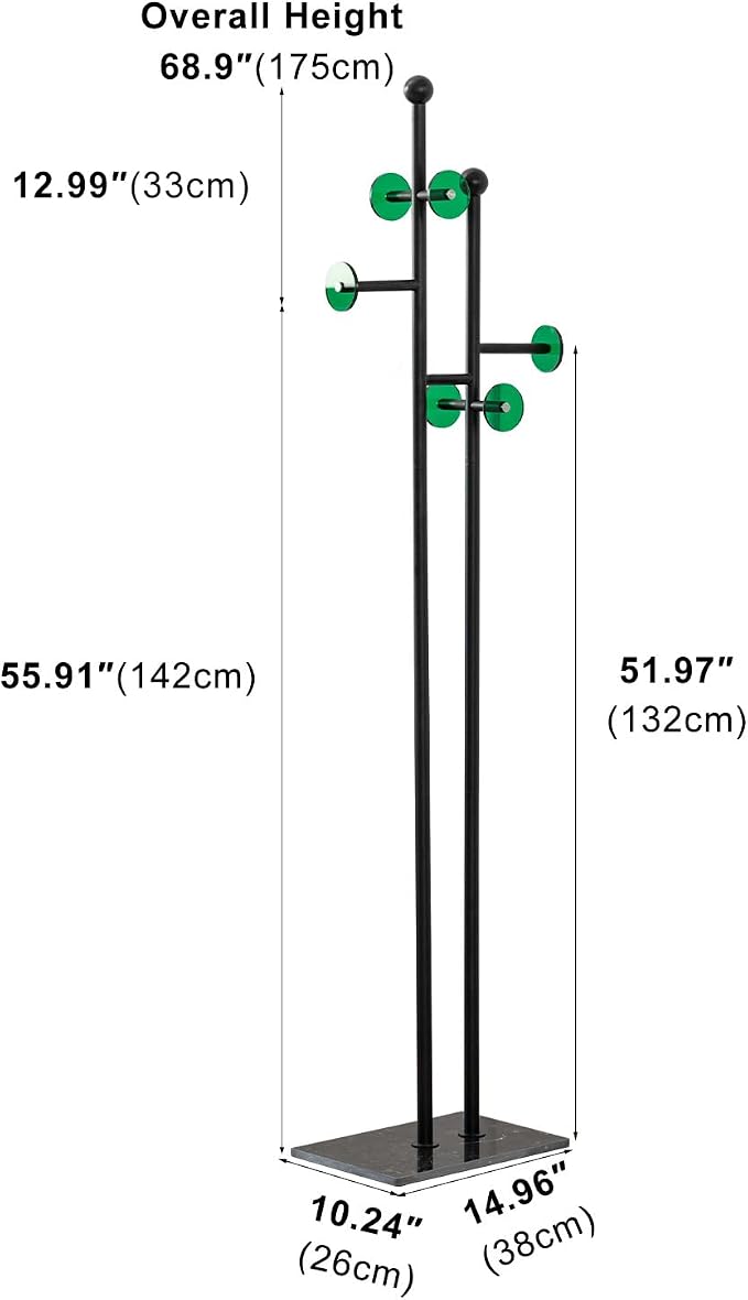 Metal Standing Coat Rack for Entryway Bedroom Living Room (Black) | Easy Assembly, Compact Footprint, Space Saver, Metal Frame, Marble Base, Sturdy, 8 Spherical Hooks, Office, Corner