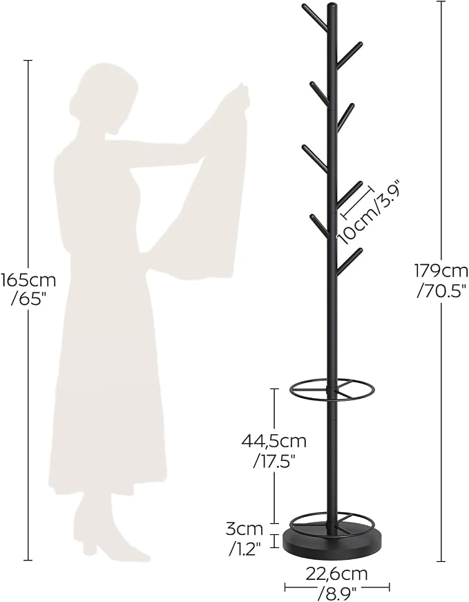 Coat Rack Freestanding with Umbrella Holder, Coat Rack Stand with 8 Hooks, Heavy Duty Coat Tree for Entryway, Modern Clothing Rack, Metal Coat Hanger Stand for Bedroom, Office, Black YM03BB