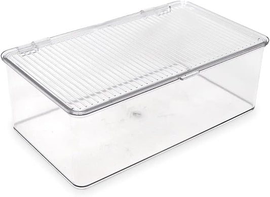 Isaac Jacobs Medium Stackable Organizer Bin (10.75”x6.5”x3.7”) | With Hinged Lid, Clear Storage Box Home Office School Fridge Bathroom Kitchen Pantry Container BPAFree Food Safe