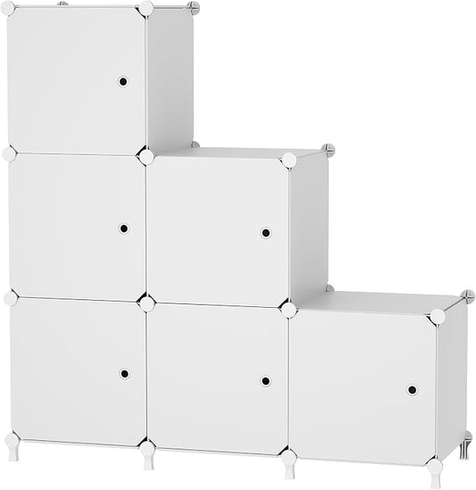 6Cube Storage Organizer Modular Stackable with Doors White | Sturdy plastic 6-cube cabinet with doors, 30x30x30cm per cube, tool-free snap assembly, ideal for bedroom, stairs, closet.