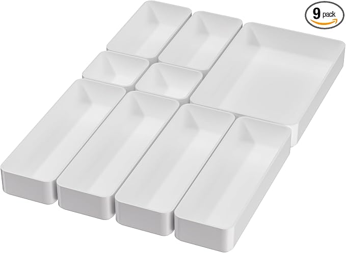 White Desk Drawer Organizer Trays: 9PC Shallow Vanity Bathroom Organizers | cosmetic short office plastic stackable storage quality makeup dorm kitchen