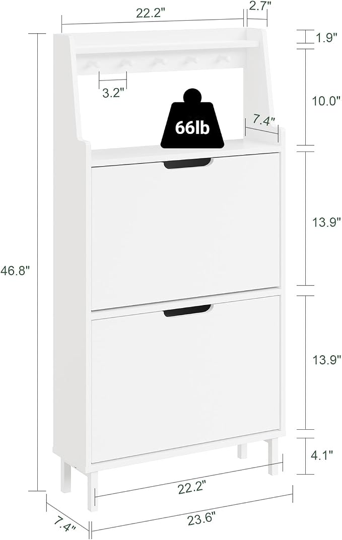 HHaotian Flip-Drawer Shoe Cabinet with Two Drawers & Open Shelves | Slim Hidden Shoe Rack Cabinet with Hook for Entryway, FSR221-W