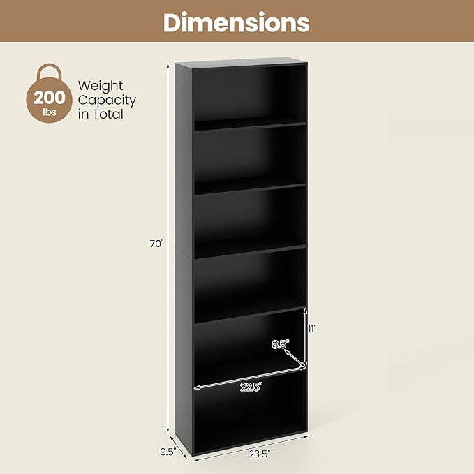 Giantex 6-Tier Bookcase, 70" Tall Wooden Bookshelf, Freestanding Storage Organizer w/Open Shelves, Anti-Tipping Kits, Modern Floor Standing Display Shelves for Living Room, Bedroom (1,Black)