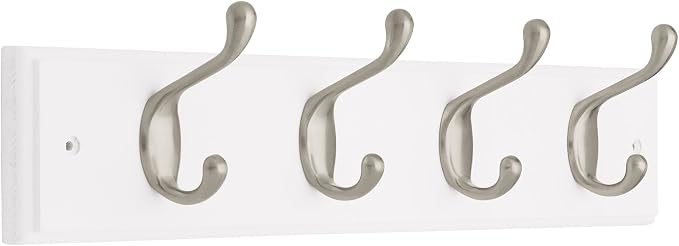 Liberty 129849 18-Inch Coat and Hat Hook Rail/Rack with 4 Heavy Duty Hooks, White and Satin Nickel