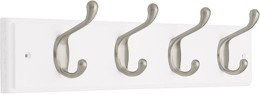 Liberty 129849 18-Inch Coat and Hat Hook Rail/Rack with 4 Heavy Duty Hooks, White and Satin Nickel