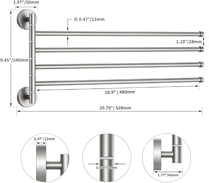FORIOUS Swivel Towel Rack for Wall, 19.5" 4-Arm Towel Bar Brushed Nickel | Rust Resistant, Stainless Steel, 180° Rotating Arms, Wall Mounted, Space Saving, for Bathroom, Kitchen, Laundry, RV and Pool