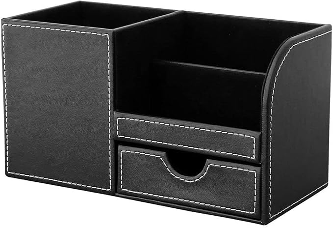 Desk Organizer Office Supplies Caddy Pu Leather Multi-function Storage Box Pen/Pencil,Cell phone, Business Name Cards Remote Control Holder with Small Drawer Black
