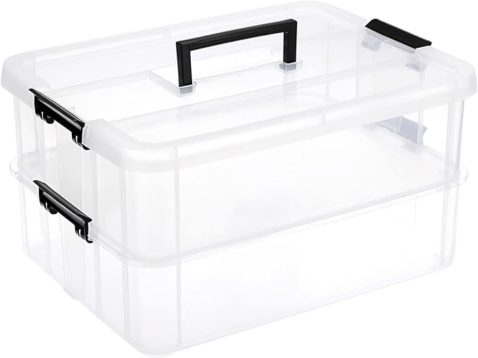 JUXYES 2-Tiers Plastic Stack Carry Storage Containers Box wih Handle Lids | Clear Stackable Latching Craft Storage Bin for School Office, Organizing Stationery, Sewing, Art Craft, DIY Supplies, Black