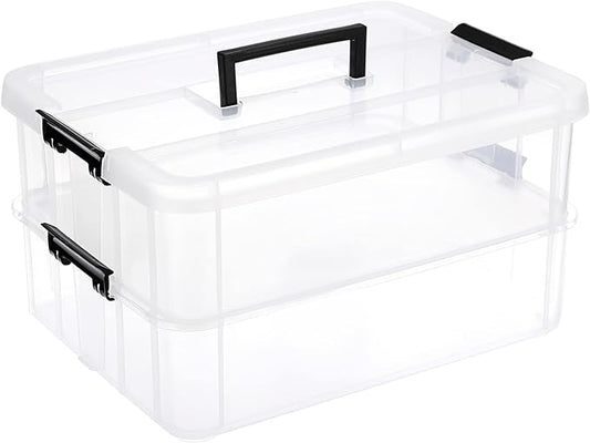 JUXYES 2-Tiers Plastic Stack Carry Storage Containers Box wih Handle Lids | Clear Stackable Latching Craft Storage Bin for School Office, Organizing Stationery, Sewing, Art Craft, DIY Supplies, Black