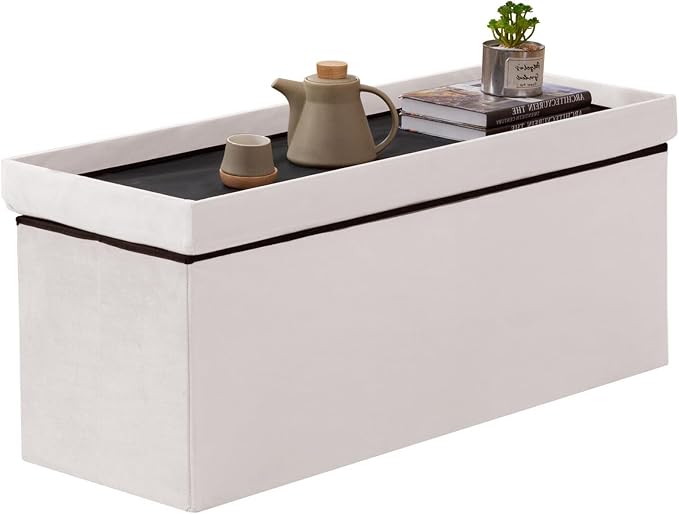 BRIAN & DANY 43 Inches Folding Storage Ottoman Bench, Velvet Ottoman with Storage for Living Room, Bedroom, Entryway, Ottoman Foot Rest, End of Bed Bench (White)