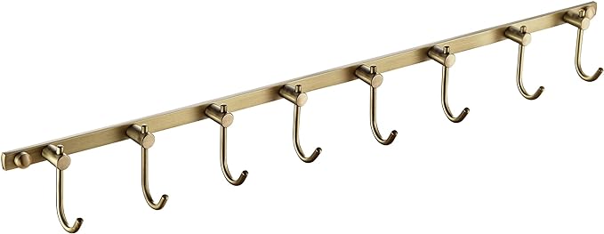 WINCASE Antique Brass Hooks, 8 Hook Coat Rack, Bath Wall Mounted Vintage Brushed Brass Bathroom Row Hooks Rustic Towels Coats Hooks
