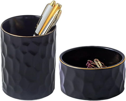 Aesthetic Desk Organizer Set of 2 For Office, Ceramic Pen Holder and Paper Clip Holder Dispenser, Cute Pencil Cup Pot for Desk, Desktop Accessories For Women Men, Office Decor Ideal Gifts (Black Set)