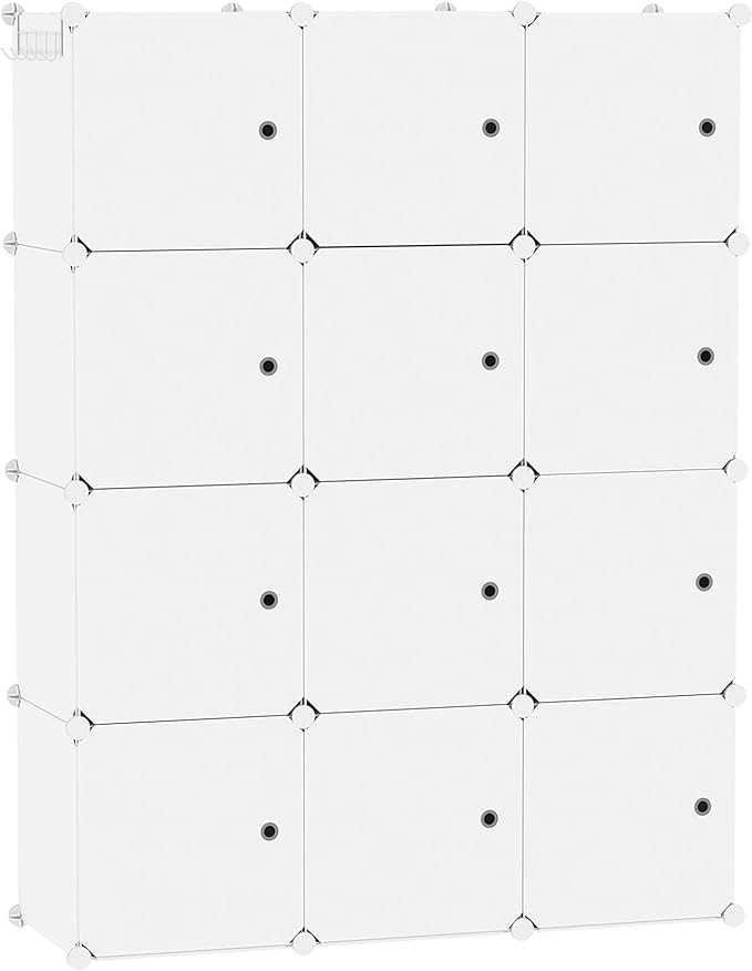 C&AHOME 12-Cube Storage Organizer with Door Cube Shelf Closet Cabinet Milky | DIY Plastic Modular Bookshelf, Stackable Clothes Storage Shelving Ideal for Home, Bedroom, 36.6”L x 12.4”W x 48.4”H