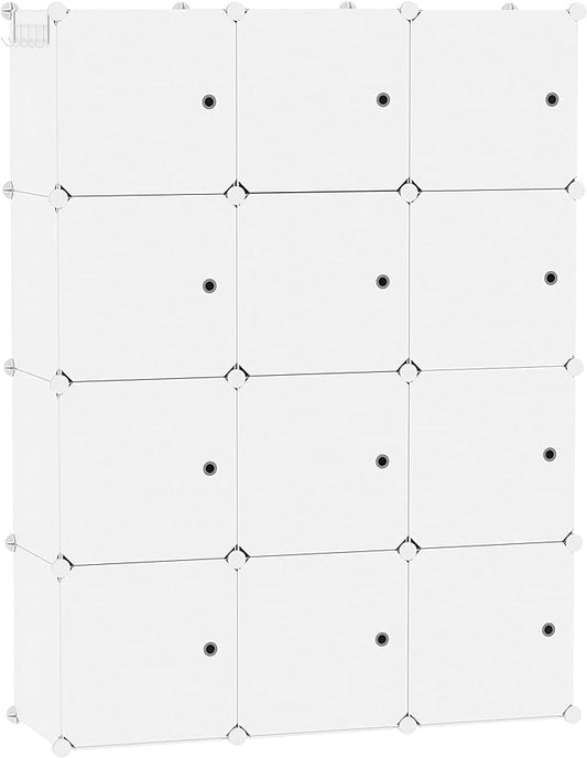 C&AHOME 12-Cube Storage Organizer with Door Cube Shelf Closet Cabinet Milky | DIY Plastic Modular Bookshelf, Stackable Clothes Storage Shelving Ideal for Home, Bedroom, 36.6”L x 12.4”W x 48.4”H
