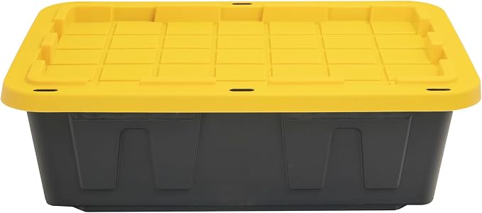 CX Heavy Duty 15-Gallon Stackable Plastic Storage Bins with Lids, 5 Pack | Storage totes for garage organization, Stackable containers, weather-resistant, snap lid, 9.5H x 20.6W x 30.6D, Black/Yellow