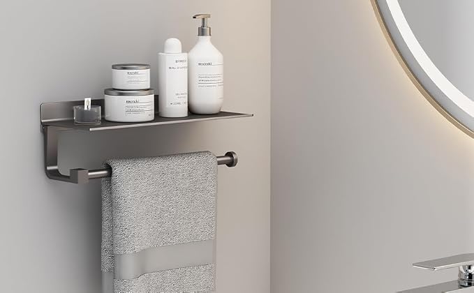 Paper Towel Holder Wall Mount - for Bathroom Hand Towel Holder for Bathroom Black Paper Towel Holder with Shelf Grey