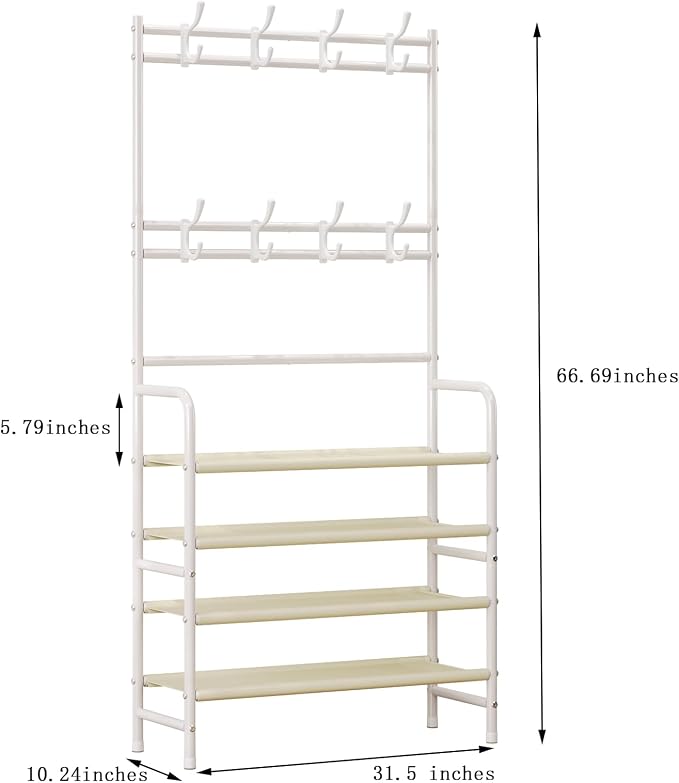 Coat Rack Shoe Rack With Storage Hooks Standing Organizer 4 Tier | Metal Freestanding Hall Tree for Clothes Hats bag Scarves Space Saving Design for Entryway Bedroom living Closet Office,White