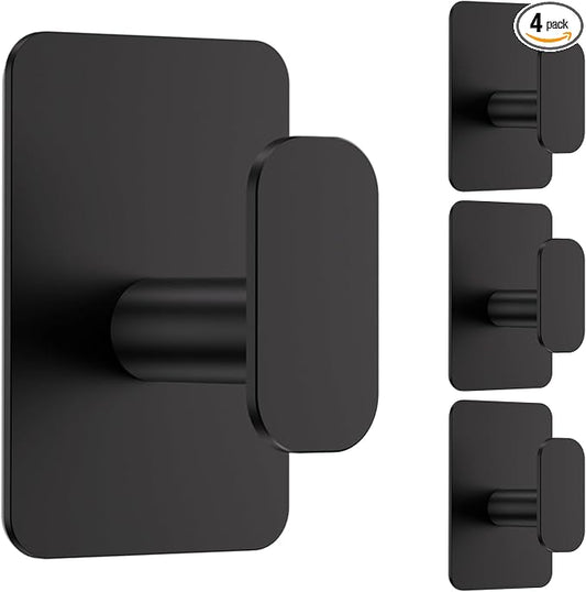 Large Heavy Duty Wall Hooks - 26lb Max, Stainless Steel Adhesive Towel Hooks for Hanging Towel, Coat, Robe, Hat, Sticky Towel Holder for Wall Mount in Bathroom, Shower, Kitchen (Black, 4 Pack)